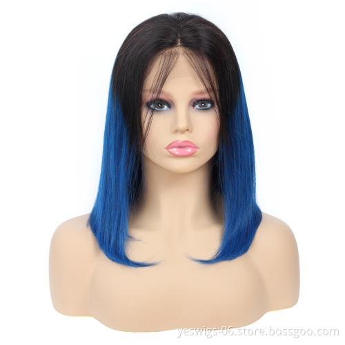 Yeswigs 1b-blue Short Bob Cut Wig Human Hair Lace Front Cuticle Aligned Remy Virgin Silky Straight 1b-blue Ombre Wig 8 Inch Bob